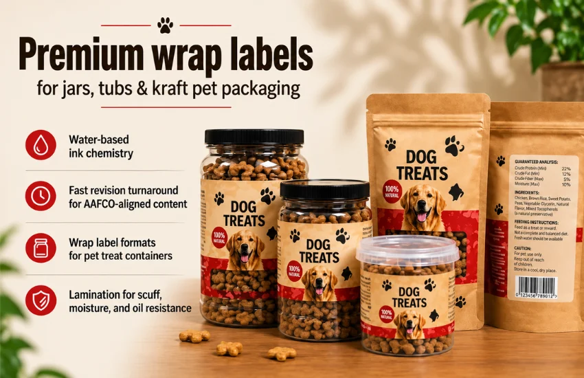 Wrap-around labels on dog treat jars and kraft stand-up bags produced in-house with digital label printing